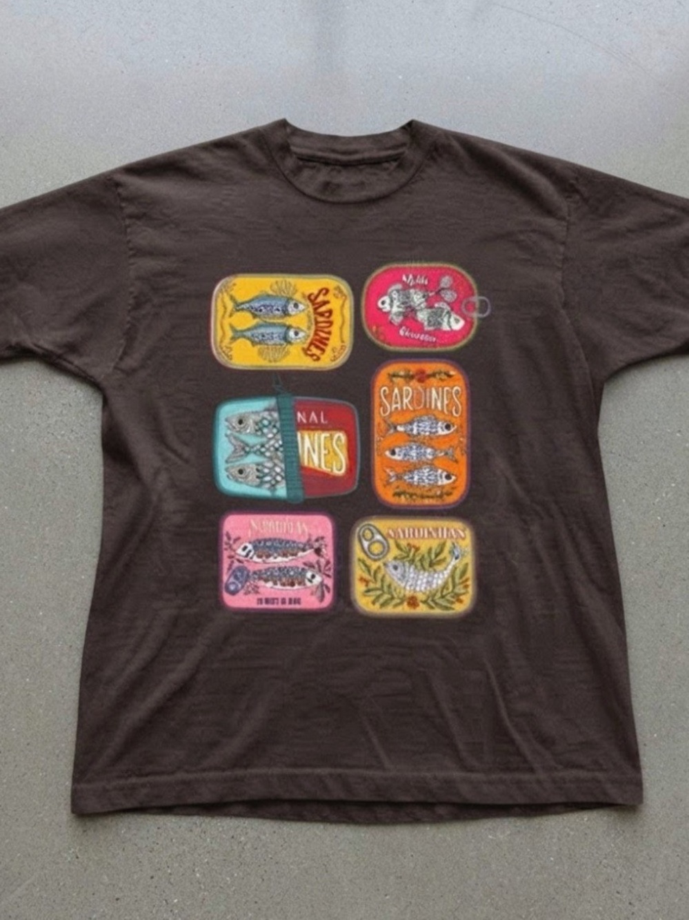 Sardine Can Label Art Graphic Tee Brown Cotton Gildan T-shirt